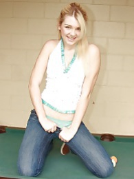 AdsPics presents: Sweet blonde babe spreads shaved pussy on pool table
