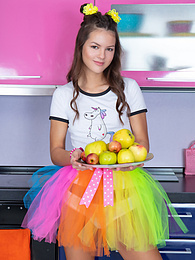 AdsPics presents: Mind blowing and breathtaking brunette beauty playing with fruits after she gets fully naked for the camera.