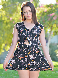 AdsPics presents: Svelte american dark-haired teen Kylie Quinn in shorts toys her twat outdoor