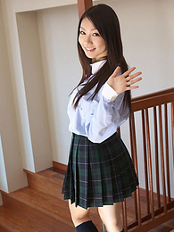 AdsPics presents: Asian schoolgirl Tomoyo Hoshino strips to stockings and poses outdoors